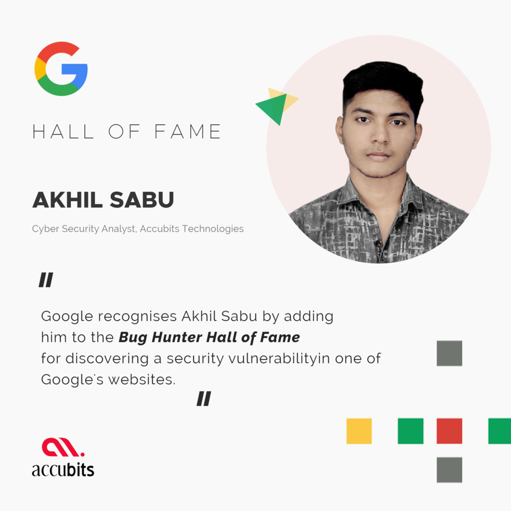 Accubits’ Cybersecurity Analyst featured in Google’s Hall of Fame