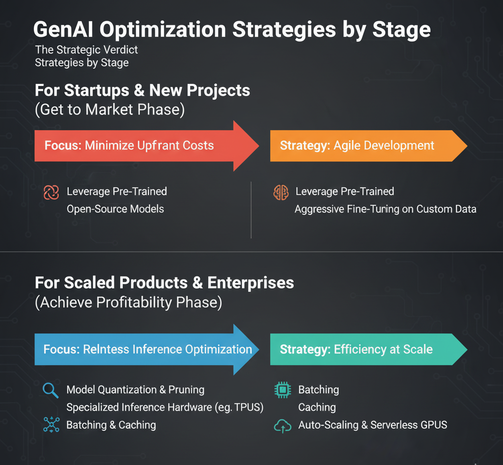 Infographic showing "GenAI Optimization Strategies by Stage," with two main sections: "Startups & New Projects" (focus on reducing training costs, fine-tuning) and "Scaled Products & Enterprises" (focus on inference optimization, model techniques, hardware, auto-scaling).