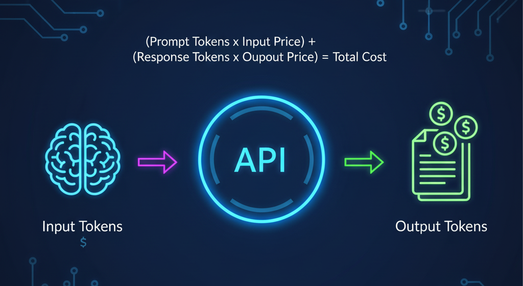 Infographic explaining GenAI API tokenomics. Shows a brain icon (Input Tokens) flowing into an API icon, which then flows to a document icon with dollar signs (Output Tokens). The formula "(Prompt Tokens x Input Price) + (Response Tokens x Output Price) = Total Cost" is displayed above.