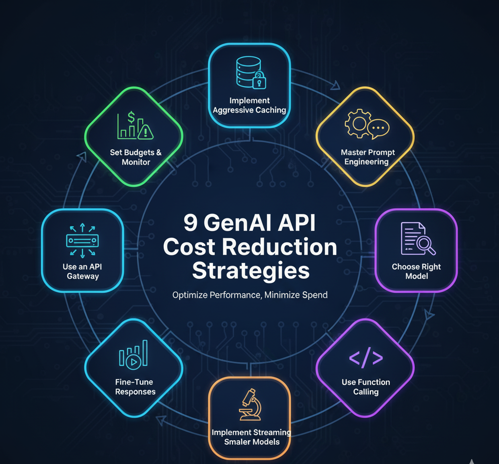 A circular infographic detailing 9 GenAI API Cost Reduction Strategies. The points listed are Implement Aggressive Caching, Master Prompt Engineering, Choose Right Model, Use Function Calling, Implement Streaming, Fine-Tune Responses, Use an API Gateway, and Set Budgets & Monitor, all surrounding a central title.