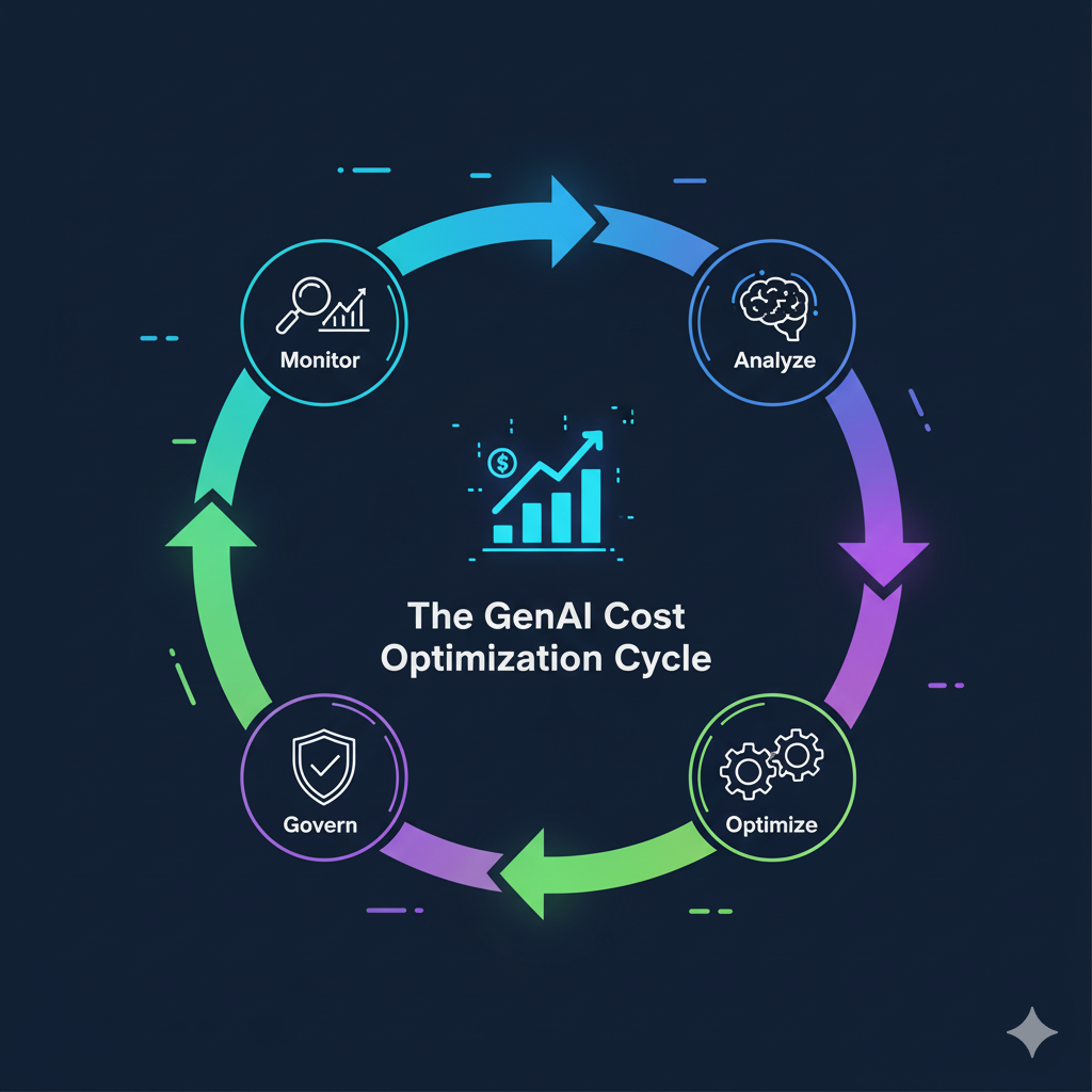 Circular infographic showing the "GenAI Cost Optimization Cycle" with four stages: Monitor (magnifying glass), Analyze (brain icon), Optimize (gears), and Govern (shield with checkmark), connected by arrows for continuous improvement in AI spending.