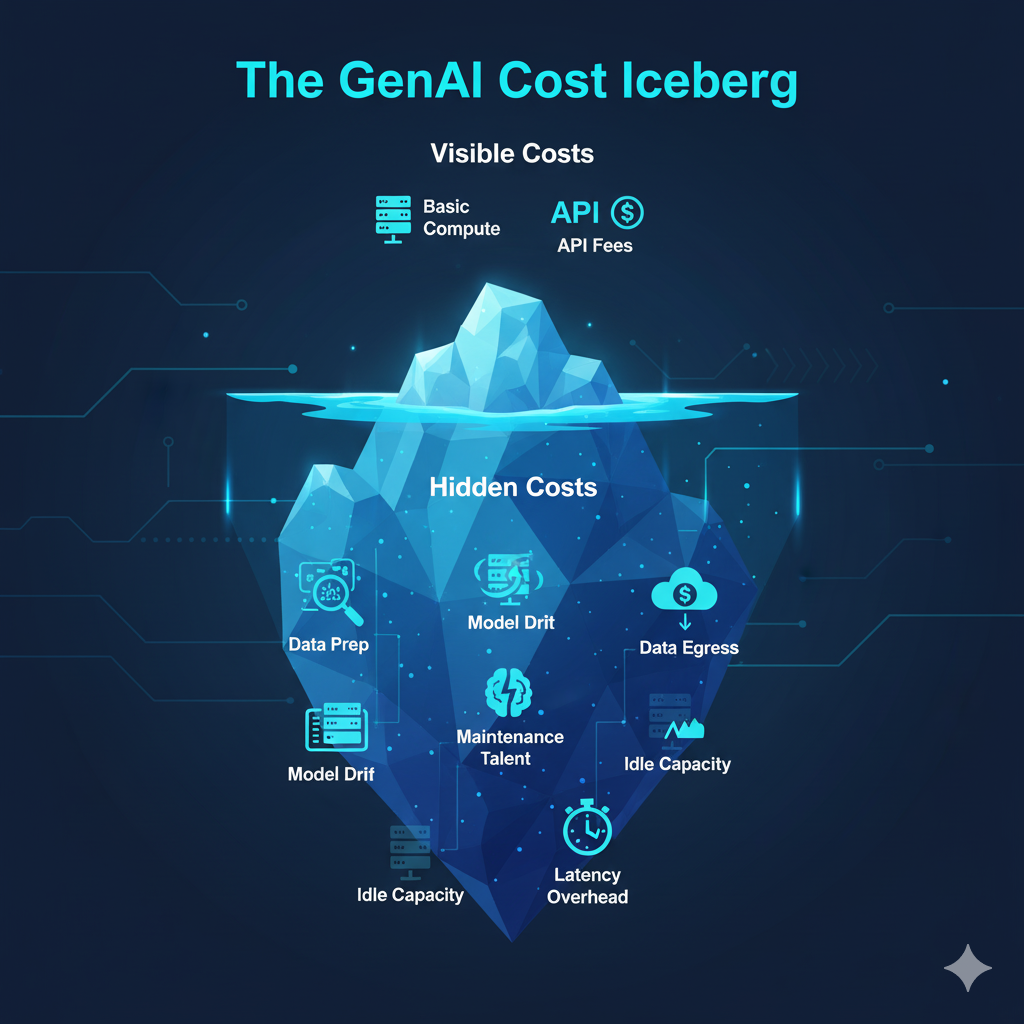 Infographic illustrating the GenAI Cost Iceberg, with "Visible Costs" (Basic Compute, API Fees) above the waterline and much larger "Hidden Costs" (Data Prep, Model Drift, Data Egress, Maintenance Talent, Idle Capacity, Latency Overhead) below the waterline, representing the full scope of AI spending.