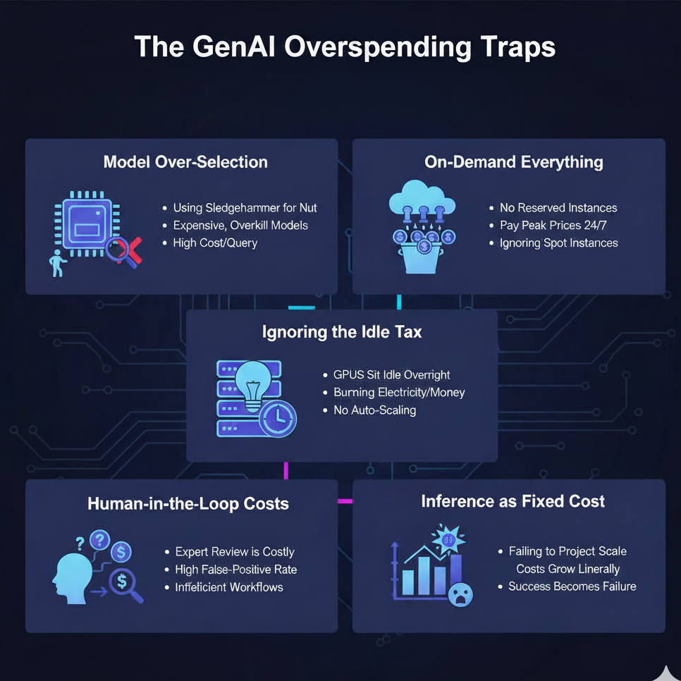 Infographic displaying "The GenAI Overspending Traps," with five key areas: Model Over-Selection (CPU icon), On-Demand Everything (cloud & money icon), Ignoring the Idle Tax (lightbulb & clock), Human-in-the-Loop Costs (head with question marks & dollar signs), and Inference as Fixed Cost (graph with down arrow & sad face). Each trap lists key bullet points describing the mistake.