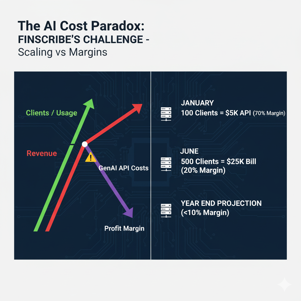 Infographic titled "The AI Cost Paradox," showing a rising blue line for API Costs mirroring a rising orange line for Client Usage, while a red line for Profit Margin sharply declines, illustrating a key GenAI business challenge.