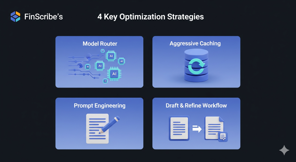 Infographic of "FinScribe's 4 Key Optimization Strategies," showing four quadrants: Model Router (branching icon), Aggressive Caching (database icon), Prompt Engineering (pencil and text icon), and Draft & Refine (document transformation icon).
